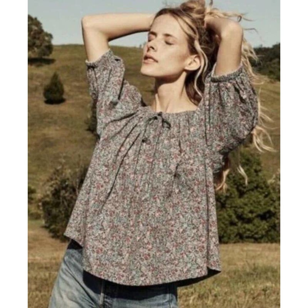 DOEN Sia Floral Printed Blouse Petit Jardin  Size XS Top Blue Pink White Boho